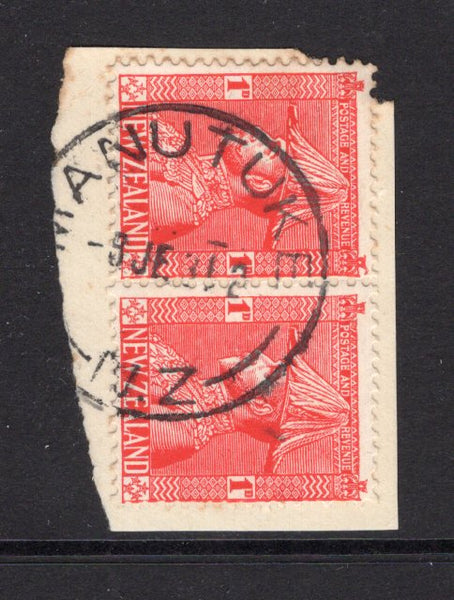 NEW ZEALAND - 1931 - CANCELLATION: 1d rose carmine 'Admiral' issue pair on piece tied by fine complete strike of MANUTUKE cds (Type J - rated scarcity 5 in Wooders) dated 9 JUN 1931. (SG 468)  (NZL/6742)