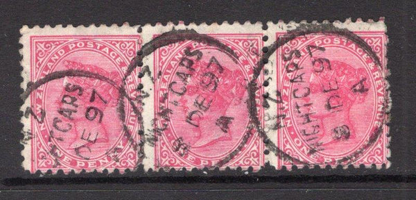NEW ZEALAND - 1897 - CANCELLATION: 1d rose QV issue a fine strip of three used with three strikes of NIGHTCAPS cds (Type A - rated scarcity 4 in Wooders) dated 8 DEC 1897. Fine. (SG 237)  (NZL/6745)