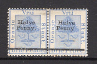 ORANGE FREE STATE - 1896 - VARIETY: 'Halve Penny' on 3d ultramarine 'Provisional' issue, a fine mint pair with variety 'MISSING STOP AFTER PENNY' on right hand stamp. (SG 77 & 78)  (OFS/15089)