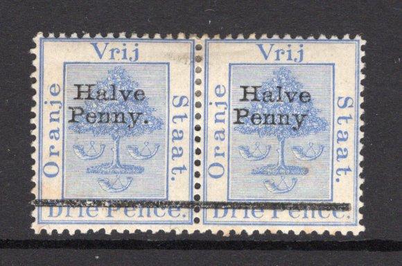 ORANGE FREE STATE - 1896 - VARIETY: 'Halve Penny' on 3d ultramarine 'Provisional' issue, a fine mint pair with variety 'MISSING STOP AFTER PENNY' on right hand stamp. (SG 77 & 78)  (OFS/15089)