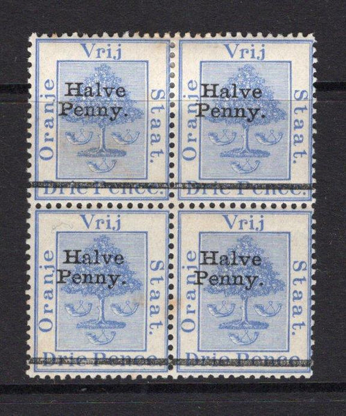 ORANGE FREE STATE - 1896 - MULTIPLE: 'Halve Penny' on 3d ultramarine 'Provisional' issue, a mint block of four. (SG 77)  (OFS/15091)