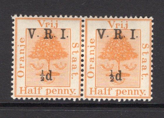 ORANGE FREE STATE - 1900 - VARIETY: ½d on ½d orange 'V.R.I.' overprint issue with 'Raised Stops', a fine mint pair with variety 'SMALL ½' on left hand stamp. (SG 112 & 112f)  (OFS/15115)