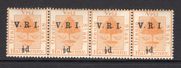 ORANGE FREE STATE - 1900 - VARIETY: ½d on ½d orange 'V.R.I.' overprint issue with 'Raised Stops', a fine mint strip of four with variety 'THICK V' on first & fourth stamps of strip. (SG 112 & 123)  (OFS/15117)
