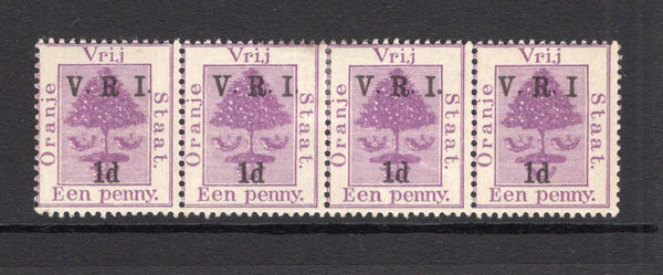 ORANGE FREE STATE - 1900 - VARIETY: 1d on 1d purple 'V.R.I.' overprint issue with 'Raised Stops', a fine mint strip of four with variety 'NO STOP AFTER R' on first stamp and 'NO STOP AFTER I' on last stamp. (SG 113d & 113e)  (OFS/15126)