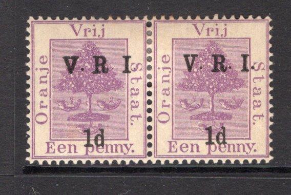 ORANGE FREE STATE - 1900 - VARIETY: 1d on 1d purple 'V.R.I.' overprint issue with 'Raised Stops', a fine mint pair with variety 'THICK V' on left hand stamp. (SG 113 & 124)  (OFS/15128)