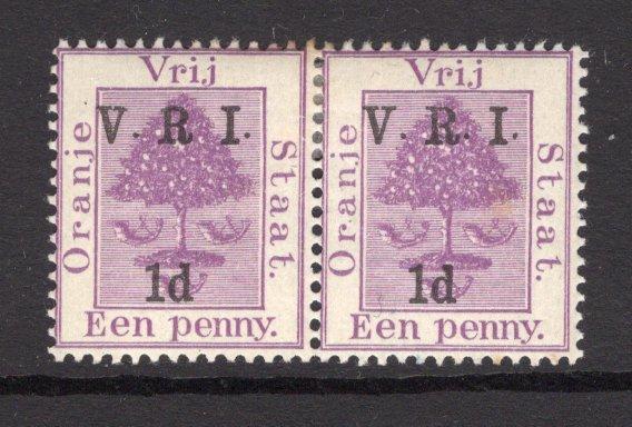 ORANGE FREE STATE - 1900 - VARIETY: 1d on 1d purple 'V.R.I.' overprint issue with 'Raised Stops', a fine mint pair with variety 'NO STOP AFTER R' on left hand stamp. (SG 113 & 113d)  (OFS/15132)