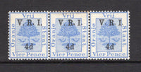 ORANGE FREE STATE - 1900 - VARIETY: 4d on 4d ultramarine 'V.R.I.' overprint issue with 'Raised Stops', a fine mint strip of three with variety 'RAISED & LEVEL STOPS MIXED'. (SG 118 & 118a)  (OFS/15140)