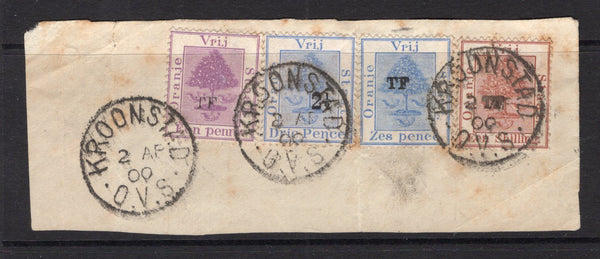 ORANGE FREE STATE - 1900 - POSTAL TELEGRAPHS: 1d purple, 6d ultramarine & 1/- brown all with various types of 'TF' TELEGRAPH overprints plus 1897 2½d on 3d ultramarine all tied on large piece by multiple strikes of KROONSTAD cds dated 2 APR 1900. Scarce. (Hiscocks #36, 37 & 38 and SG 83)  (OFS/15150)