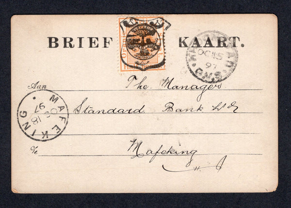 ORANGE FREE STATE - 1897 - POSTAL STATIONERY: ½d orange postal stationery card (H&G 17) with postcard stamp (SG P12) tied by 'Arms' imprint in black used with KROONSTAD cds dated OCT 15 1897. Addressed to MAFEKING with arrival cds on front.  (OFS/21884)