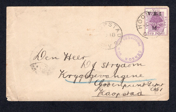 ORANGE FREE STATE - 1900 - BOER WAR & PRISONER OF WAR MAIL: Cover franked with 1900 1d on 1d purple 'V.R.I.' overprint issue (SG 113) tied by HOOPSTADT cds dated JUL 18 1900 with second strike alongside. Addressed to 'Den Heer W J Strydom, Krygogevangene, Groenpoint, Kaapstad, Tent No. 1' with circular 'CENSOR PRISONER OF WAR' censor mark in purple on front and BLOEMFONTEIN transit cds on reverse.  (OFS/34835)