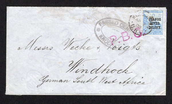 ORANGE FREE STATE - 1902 - BOER WAR: Cover franked with single 1900 2½d ultramarine 'ORANGE RIVER COLONY' overprint issue (SG 135) tied by KROONSTAD cds dated APR 7 1902 and censored with oval 'PASSED CENSOR KROONSTAD' marking in black and straight line 'P.B.C.' in magenta both also tying stamp. Addressed to WINDHOEK, GERMAN SOUTH WEST AFRICA with arrival cds on reverse.  (OFS/38426)