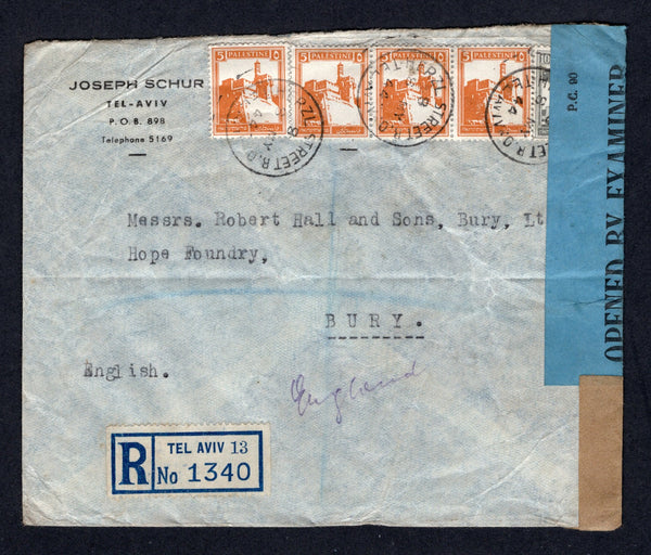 PALESTINE - 1944 - REGISTRATION & CENSORED MAIL: Registered cover franked with 1927 4 x 5m orange and 10m slate (SG 93 & 97) tied by HERZL STREET R.O. TEL AVIV cds's with blue & white printed 'TEL AVIV 13' registration label alongside. Censored with black on blue 'OPENED BY CENSOR KK/21929' label at right tied by boxed 'PALESTINE OPENED AND PASSED BY CENSOR' censor cachet on reverse. Addressed to UK with transit cds on reverse.  (PAL/21957)