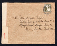 PALESTINE - 1940 - DESTINATION & CENSORED MAIL: Cover franked with single 1927 20m dull olive green (SG 99) tied by HAIFA cds dated DEC 1944, censored with red on white 'OPENED BY CENSOR 69/14333 P.C.22' censor labels at left. Addressed to PERU with arrival mark dated FEB 26 1945 on reverse. A rare destination.  (PAL/21958)