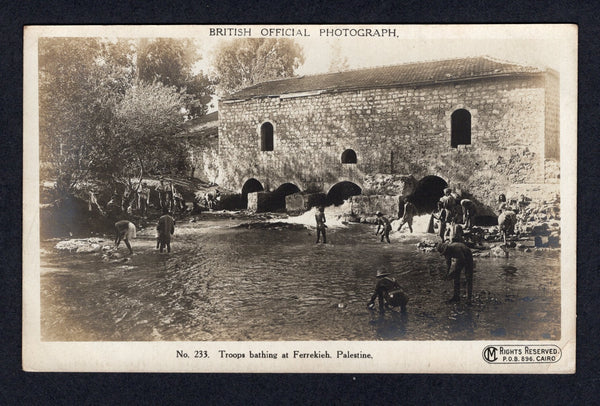 PALESTINE - 1915 - POSTCARD: Circa 1915. Real photographic PPC with printed 'BRITISH OFFICIAL PHOTOGRAPH' at top and 'No. 233 Troops bathing at Ferrekeh. Palestine' at bottom. Fine unused.  (PAL/21971)
