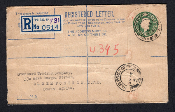 PALESTINE - 1946 - MILITARY: 3d green Great Britain GVI military postal stationery registered envelope (H&G IC3) used with two strikes of FIELD POST OFFICE 731 cds dated 29 DEC 1946 located at HAIFA, PALESTINE with printed blue on white registration label with '731' handstamped inserted. Addressed to SOUTH AFRICA with arrival cds on reverse.  (PAL/38525)