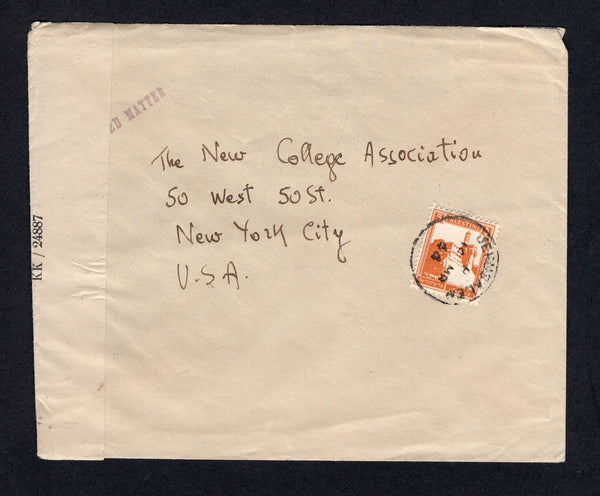 PALESTINE - 1944 - CENSORED MAIL: Cover franked with 1927 5m orange (SG 93) tied by JERUSALEM cds dated 14 MAR 1944. Censored with printed black on white 'P.C.66 OPENED BY EXAMINER KK / 24887' censor label at left. Addressed to USA.  (PAL/39334)