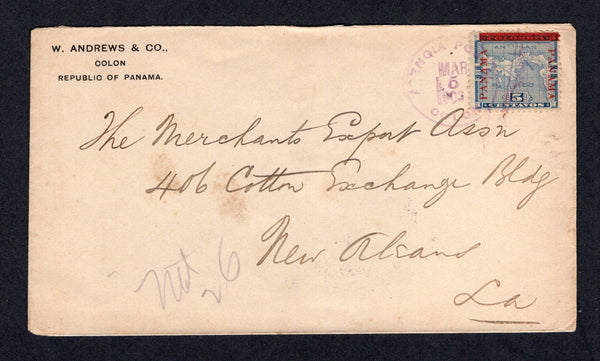 PANAMA - 1906 - MAP ISSUE: Cover franked with 1904 5c blue MAP issue 'Fourth Panama' overprint (SG 55) tied by COLON 'Flag' duplex cancel in purple. Addressed to USA with arrival cds on reverse.  (PAN/10355)