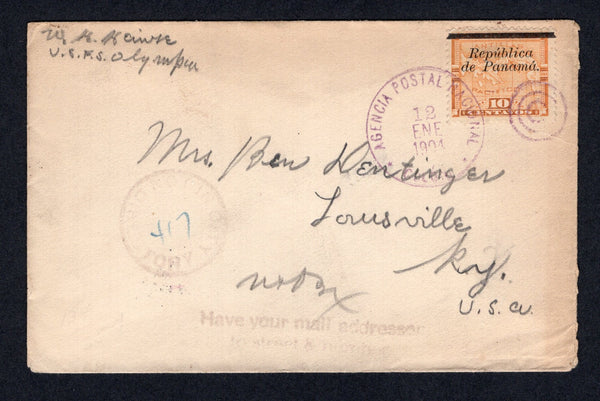 PANAMA - 1904 - MAP ISSUE & US NAVY: Cover with manuscript return address 'W. H. Mainze, U.S.F.S. Olympia' at top of the USS Olympia naval warship franked with 1904 10c orange MAP issue with 'Fourth Colon' overprint (SG 99) tied by AGENCIA POSTAL NACIONAL COLON duplex cds in purple dated 12 Jan 1904. Addressed to USA with USA transit and arrival marks on front & reverse. The Olympia was heavily involved in the 1898-1900 Spanish American War. Cover toned on reverse but very scarce.  (PAN/10357)