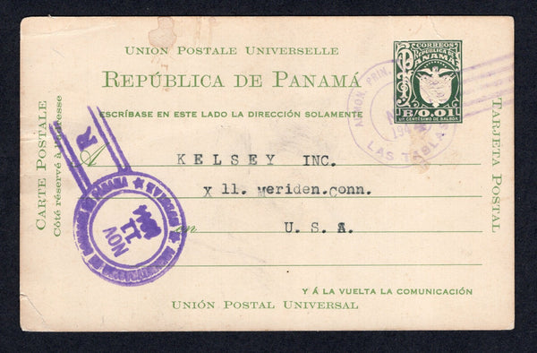 PANAMA - 1944 - POSTAL STATIONERY & CANCELLATION: 1c grey green on ivory postal stationery card (H&G 16a) used with fine ADMON PRIN DE CORREOS LAS TABLAS cds in purple. Addressed to USA with PANAMA transit cds on front.  (PAN/10363)