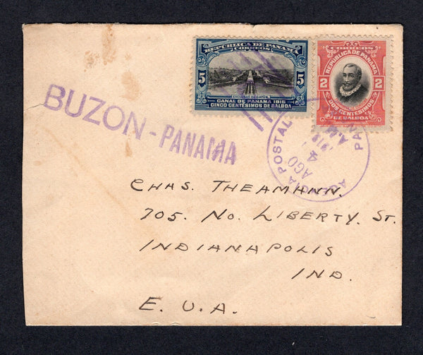 PANAMA - 1919 - INSTRUCTIONAL MARK: Cover franked with 1909 2c black & vermilion and 1915 5c black & blue (SG 153 & 166) tied by PANAMA cds with fine strike of large straight line 'BUZON - PANAMA' marking in purple. Addressed to USA.  (PAN/10380)