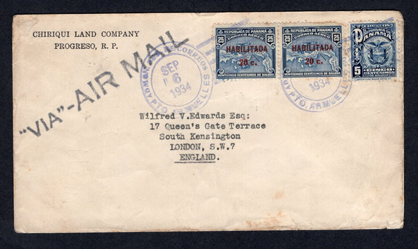PANAMA - 1934 - CANCELLATION: Cover franked with 1924 5c blue 'Arms' issue and 1932 pair 20c on 25c blue 17mm surcharge issue (SG 201 & 260a) all tied by ADMON SUB DE CORREOS PTO ARMUELLES cds's. Sent airmail to UK with large 'VIA - AIRMAIL' marking on front. DAVID transit cds on reverse.  (PAN/10383)