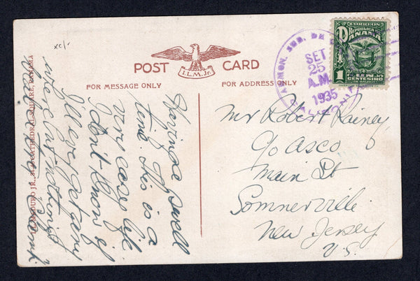 PANAMA - 1935 - CANCELLATION: Coloured PPC 'Ancon Hospital, Ancon, Canal Zone' franked on message side with 1924 1c green 'Arms' issue (SG 199) tied by fine ADMON SUB DE CORREOS CALIDONIA cds. Addressed to USA.  (PAN/10384)