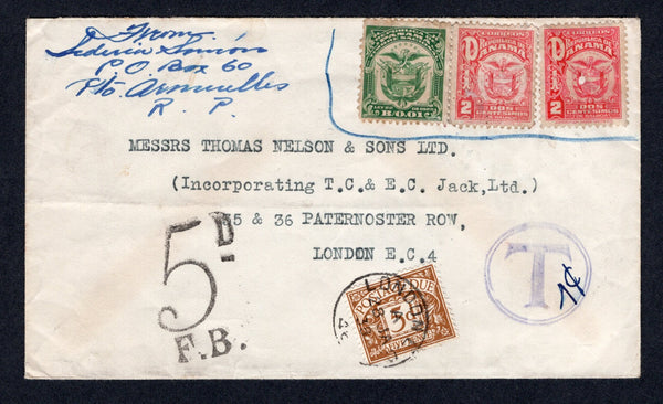 PANAMA - 1938 - ILLEGAL USE & POSTAGE DUE: Cover sent from PT ARMUELLES with manuscript return address at top left franked illegally with 1925 1c green REVENUE issue and pair of dirty looking reused 1924 2c carmine 'Arms' issue (SG 200) all three have been circled in blue crayon to indicate that the 1c revenue was not valid with 'T in Circle' TAX mark alongside with manuscript '1c'. Addressed to UK and taxed on arrival with large '5D F.B.' marking in black and added 1936 5d brownish cinnamon 'Postage Due' 