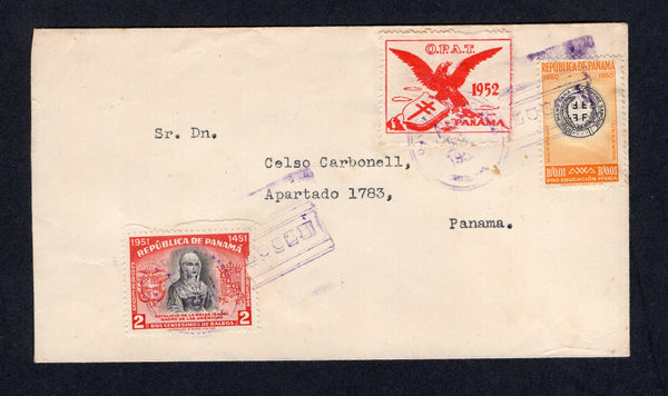 PANAMA - 1952 - CINDERELLA: Cover franked with 1952 2c black & scarlet and 1950 1c orange & black TAX issue (SG 531 & 520) plus red 'O.P.A.T. PANAMA' Eagle TB seal dated 1952 all tied by PANAMA cds's. Addressed locally within PANAMA CITY.  (PAN/10407)