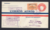 PANAMA - 1929 - FIRST FLIGHT: 2c red postal stationery envelope (H&G B13) used with added 1929 15c on 10c orange AIR surcharge issue (SG 229) tied by COLON cds dated JUL 8 1929. Sent on the 'COLON - CARTAGENA' First Flight with boxed 'CORREO AEREO' and 'AGENCIA POSTAL DE COLON PRIMER SERVICIO DE CORREO AEREO COLON-CARTAGENA' cachets in purple. Addressed to COLON with CARTAGENA and COLON arrival marks on reverse. (Muller #26, only 308 covers were flown)  (PAN/10415)
