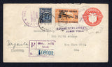 PANAMA - 1929 - FIRST FLIGHT: 2c red postal stationery envelope (H&G B13) used with added 1928 25c on 10c orange AIR surcharge issue (SG 224) tied by undated AGENCIA POSTAL PRIMER CORREO AEREO INTERNACIONAL PANAMA R.DE P. cancels and by PANAMA cds dated FEB 9 1929. Sent registered on the PANAMA - MIAMI 'LINDBERGH' escort flight with boxed registration marking and straight line PANAMERICAN AIRWAYS PRIMER VUELO cachet in purple. Addressed to USA with transit and arrival marks on reverse. (Muller #8a)  (PAN/1