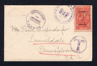 PANAMA - 1931 - CANCELLATION: Cover franked with 1928 2c scarlet on rose 'Lindbergh' issue (SG 222) cancelled by manuscript crosses & lines and also by ADMON SUB DE CORREOS CHORILLO cds. Addressed to USA, taxed in Panama with large 'T in Circle' on front and PANAMA transit cds and partial USA arrival cds on reverse. Unusual franking.  (PAN/10419)