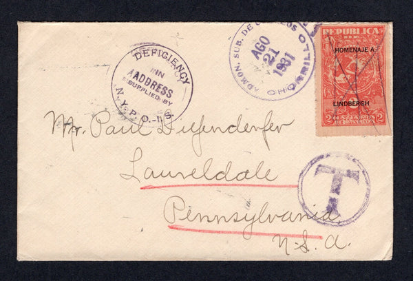 PANAMA - 1931 - CANCELLATION: Cover franked with 1928 2c scarlet on rose 'Lindbergh' issue (SG 222) cancelled by manuscript crosses & lines and also by ADMON SUB DE CORREOS CHORILLO cds. Addressed to USA, taxed in Panama with large 'T in Circle' on front and PANAMA transit cds and partial USA arrival cds on reverse. Unusual franking.  (PAN/10419)