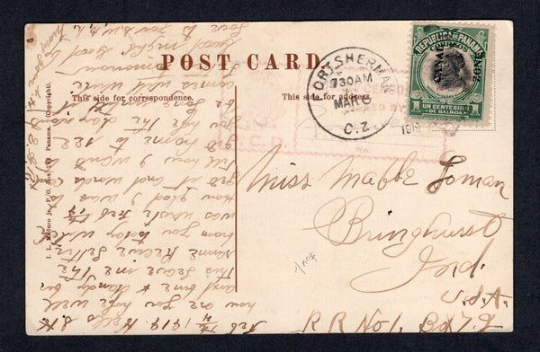 PANAMA - CANAL ZONE - 1919 - CANCELLATION & CENSORSHIP: Coloured PPC 'Y.M.C.A. Culebra, Canal Zone, Panama' franked on message side with 1909 1c black & green (SG 47) tied by FORT SHERMAN C.Z. duplex cds and fair strike of large boxed 'P.C.D. MILITARY CENSORSHIP PASSED BY' censor mark in red. Addressed to USA. Scarce.  (PAN/10428)