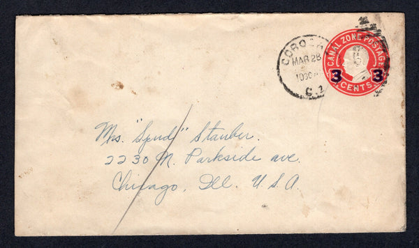 PANAMA - CANAL ZONE - 1932 - POSTAL STATIONERY: Circa 1932 3c on 2c carmine postal stationery envelope (H&G B13c) with return address 'Lt Sgt Karnykowski 24th Pursuit Squadron, Albrook Field P.C.Z.' on reverse used with COROZAL C.Z. duplex cds . Addressed to USA.  (PAN/10430)