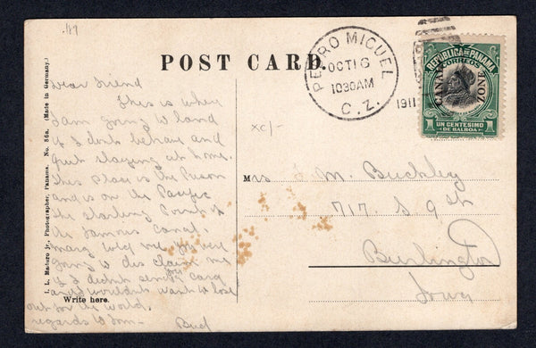 PANAMA - CANAL ZONE - 1911 - CANCELLATION: Coloured PPC 'Policeman on Guard Las Bobedas, Panama' franked on message side with 1909 1c black & green (SG 35) tied by fine PEDRO MIGUEL C.Z. duplex cds. Addressed to USA.  (PAN/10437)
