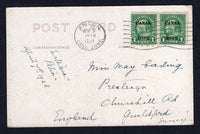 PANAMA - CANAL ZONE - 1928 - USA OVERPRINT ISSUE: Coloured PPC 'Christchurch by the Sea Colon beach' franked with pair 1924 1c green USA overprint issue (SG 75) tied by ANCON roller cancel. Addressed to UK.  (PAN/10443)
