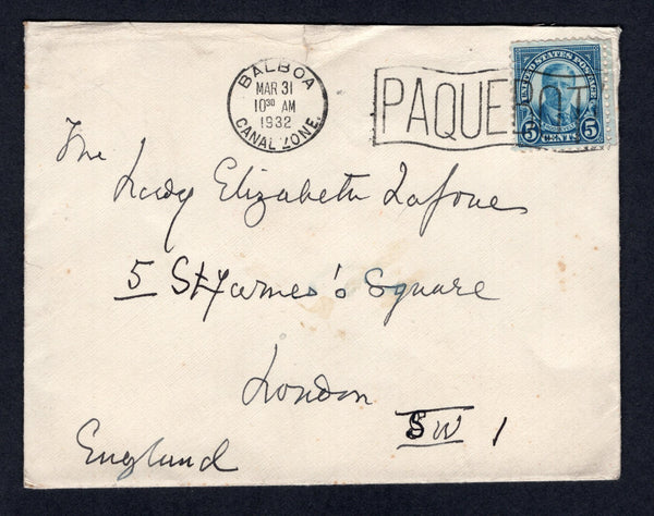 PANAMA - CANAL ZONE - 1932 - MARITIME MAIL: Cover with printed 'Canadian Pacific Steamship Lines' insignia on flap franked with USA 1922 5c blue (SG 565) tied by BALBOA CANAL ZONE 'PAQUEBOT' roller cancel. Addressed to UK.  (PAN/10447)