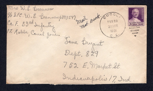 PANAMA - CANAL ZONE - 1951 - CANCELLATION: Cover with manuscript 'Pvt W. E. Brenner, c/o SFC W. E. Brenner, 6893547, Co. F. 33rd Infantry, Ft Kobbe, Canal Zone' return address on front franked with 1934 3c violet (SG 142) tied by COCOLI C.Z. duplex cancel. Addressed to USA.  (PAN/10450)