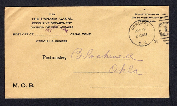 PANAMA - CANAL ZONE - 1936 - OFFICIAL MAIL: Headed 'The Panama Canal Executive Department Division of Civil Affairs COROZAL Canal Zone Official Business' PENALTY envelope used with COROZAL C.Z. duplex cds. Addressed to USA.  (PAN/10459)