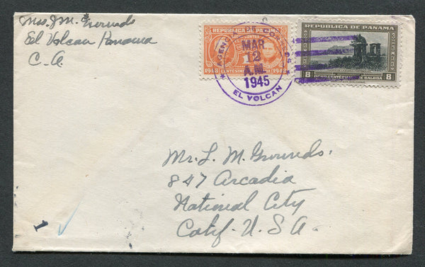 PANAMA - 1945 - CANCELLATION: Cover franked with 1942 8c black & brown and 1943 1c orange TAX stamp (SG 420 & 435) tied by fine AGENCIA DE CORREOS EL VOLCAN cancel in purple. Addressed to USA with DAVID transit cds on reverse.  (PAN/1169)