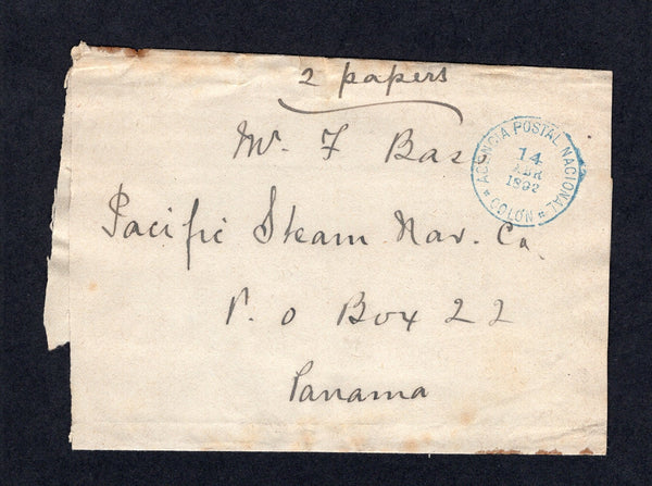 PANAMA - 1892 - NEWSPAPER WRAPPER: Stampless 'Captain Bass' newspaper wrapper sent from COLON with fine AGENCIA POSTAL NACIONAL COLON cds in blue. Addressed to the Pacific Steam Navigation Co. in PANAMA CITY.  (PAN/17435)
