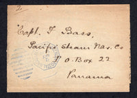 PANAMA - 1893 - NEWSPAPER WRAPPER: Stampless 'Captain Bass' newspaper wrapper sent from COLON with fine AGENCIA POSTAL NACIONAL COLON octagonal duplex cds in blue. Addressed to the Pacific Steam Navigation Co. in PANAMA CITY with arrival cds on reverse.  (PAN/17445)