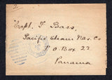 PANAMA - 1893 - NEWSPAPER WRAPPER: Stampless 'Captain Bass' newspaper wrapper sent from COLON with fine AGENCIA POSTAL NACIONAL COLON octagonal duplex cds in blue. Addressed to the Pacific Steam Navigation Co. in PANAMA CITY with arrival cds on reverse.  (PAN/17445)