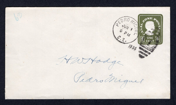 PANAMA - CANAL ZONE - 1935 - POSTAL STATIONERY: 1c green 'Gorgas' postal stationery envelope (H&G B10) used with PEDRO MIGUEL cds. Addressed locally within PEDRO MIGUEL. Nice correct use.  (PAN/18338)