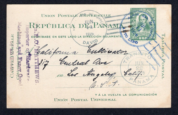 PANAMA - 1926 - POSTAL STATIONERY & CANCELLATION: 1c green 'Centenary of Independence' postal stationery card (H&G 12) used with fine strike of ADMON SUB DE CORREOS ALTO LINO cds in blue. Addressed to USA with DAVID and PANAMA transit cds's. Scarce origination.  (PAN/18820)