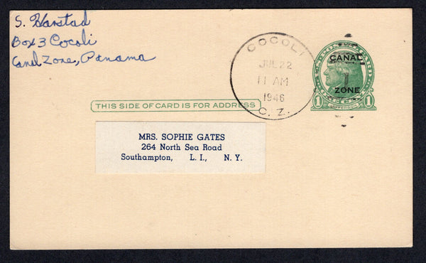 PANAMA - CANAL ZONE - 1946 - POSTAL STATIONERY & CANCELLATION: 1c green postal stationery card of USA with 'CANAL ZONE' overprint (H&G 9) used with fine COCOLI C.Z. duplex cancel. Addressed to USA. Fine.  (PAN/2348)