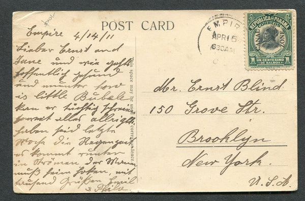 PANAMA - CANAL ZONE - 1911 - ISLAND POSTCARD: Black & white PPC 'Island of Taboga, showing Sanitarium, Panama' franked on message side with 1909 1c black & green with 'CANAL ZONE' overprint type 1 (SG 35) tied by EMPIRE cds. Addressed to USA.  (PAN/23669)