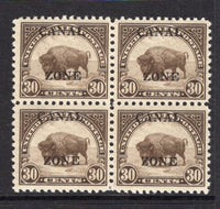 PANAMA - CANAL ZONE - 1925 - OVERPRINTS ON USA & MULTIPLE: 30c olive brown 'Bison' issue of USA with 'CANAL ZONE' overprint (A's with pointed tops), a fine mint block of four. (SG 95)  (PAN/25047)