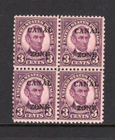PANAMA - CANAL ZONE - 1925 - OVERPRINTS ON USA & MULTIPLE: 3c violet 'Lincoln' issue of USA with 'CANAL ZONE' overprint (A's with pointed tops), a fine mint block of four. (SG 87)  (PAN/25048)