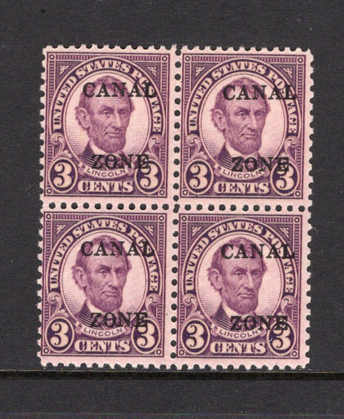 PANAMA - CANAL ZONE - 1925 - OVERPRINTS ON USA & MULTIPLE: 3c violet 'Lincoln' issue of USA with 'CANAL ZONE' overprint (A's with pointed tops), a fine mint block of four. (SG 87)  (PAN/25048)